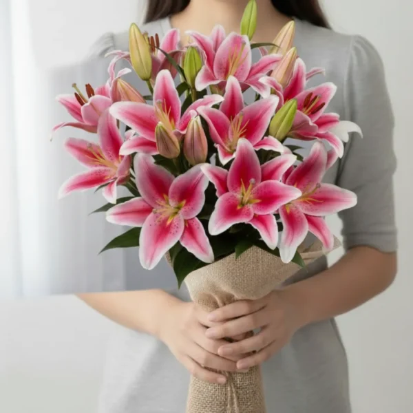 Pink Oriental Lilies wrapped and held in hands by a girl