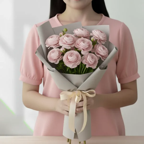 Pink Ranunculus wrapped and held in hands by a girl