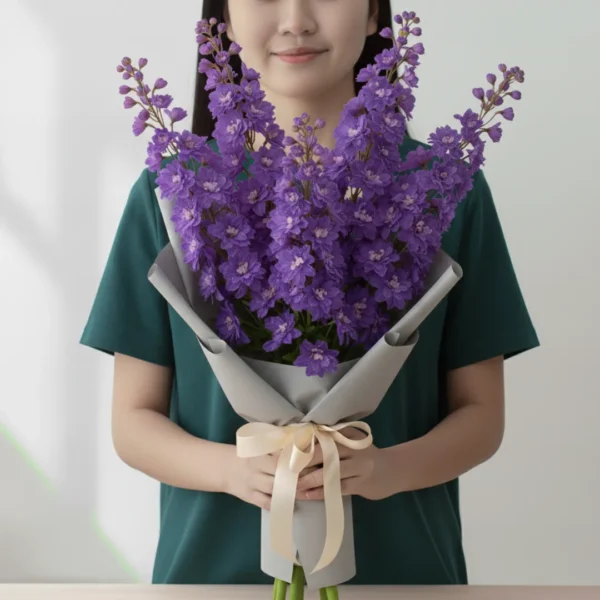 Purple Delphiniums wrapped and held in hands by a girl