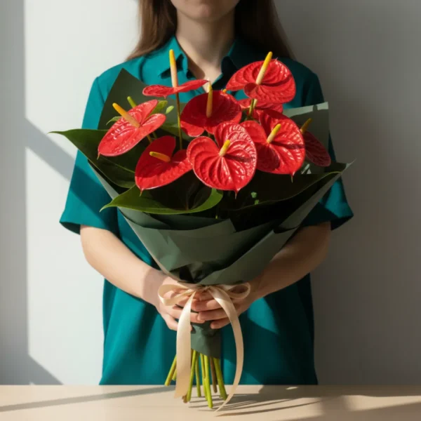 Red Anthuriums wrapped and held in hands by a girl