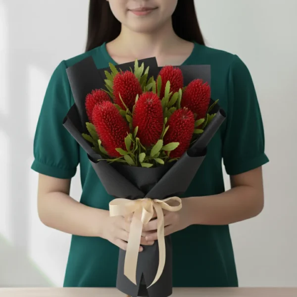 Red Banksia wrapped and held in hands by a girl
