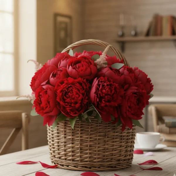 Red Peonies in a basket