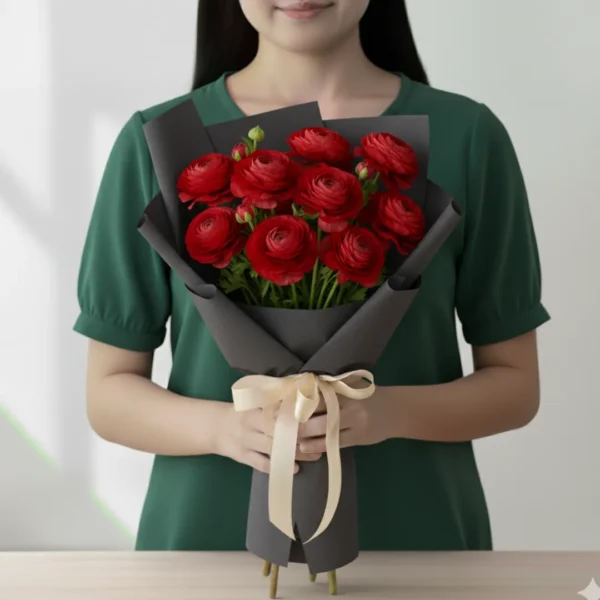 Red Ranunculus wrapped and held in hands by a girl