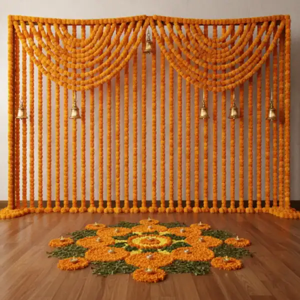Room Decorated with Orange Marigold Flower Strings