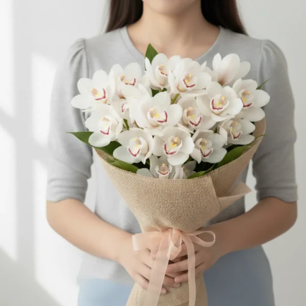 White Cymbidiums wrapped and held in hands by a girl