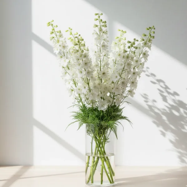 White Delphiniums in a vase