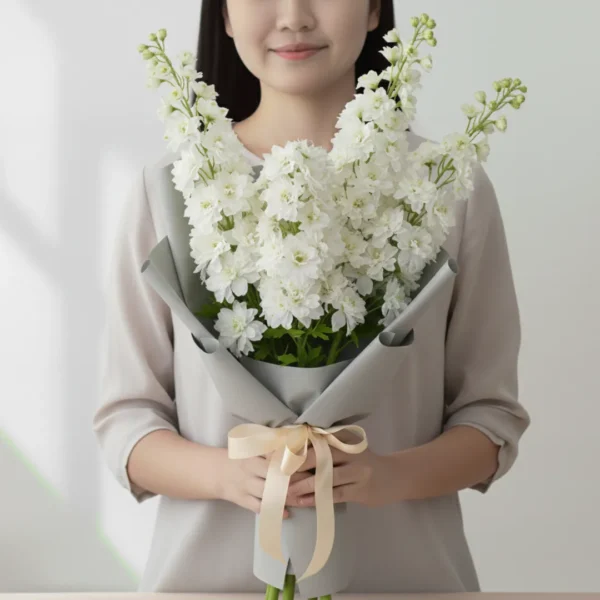 White Delphiniums wrapped and held in hands by a girl