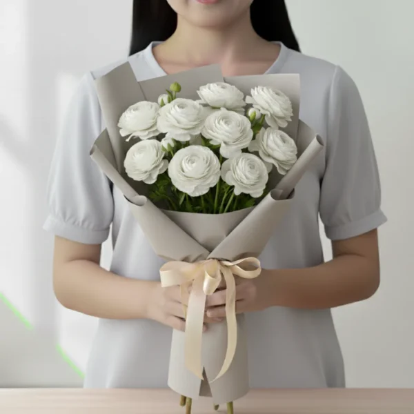 White Ranunculus wrapped and held in hands by a girl