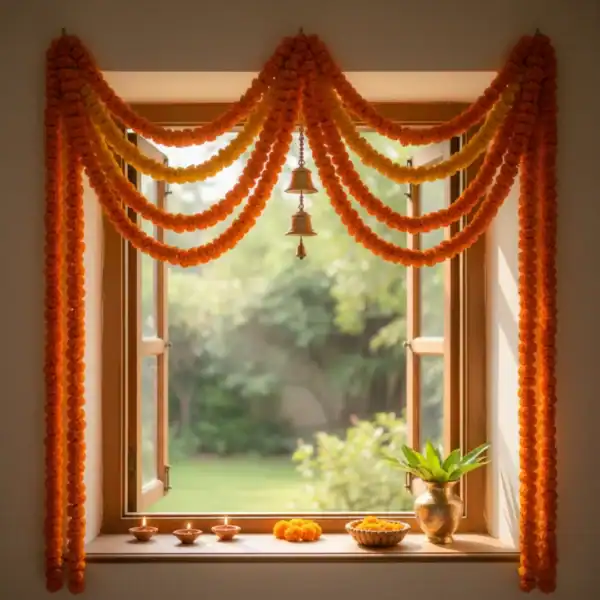 Window Decorated with Orange Marigold Strings