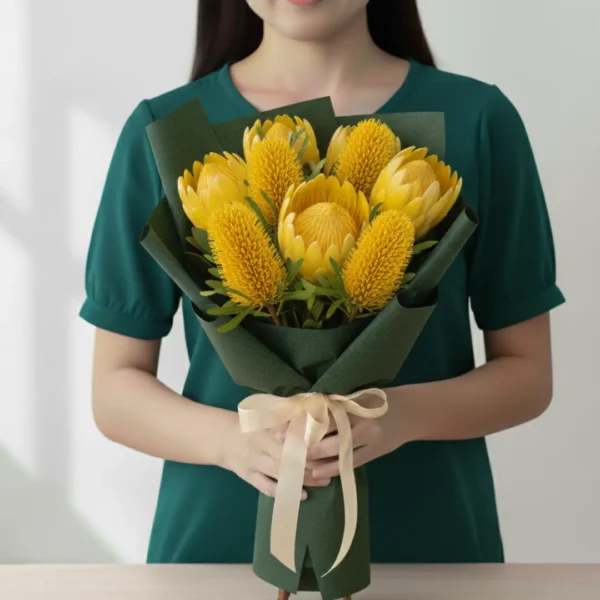 Yellow Banksia wrapped and held in hands by a girl
