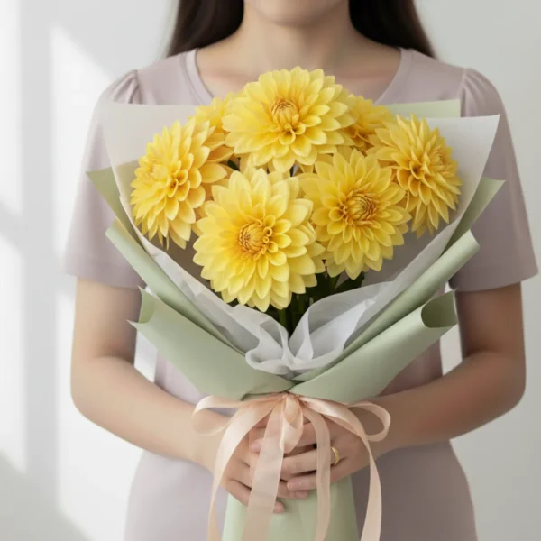 Yellow Dahlias wrapped and held in hands by a girl