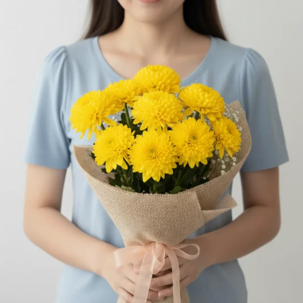 Yellow Disbuds Chrsyanthemums wrapped and held in hands by a girl