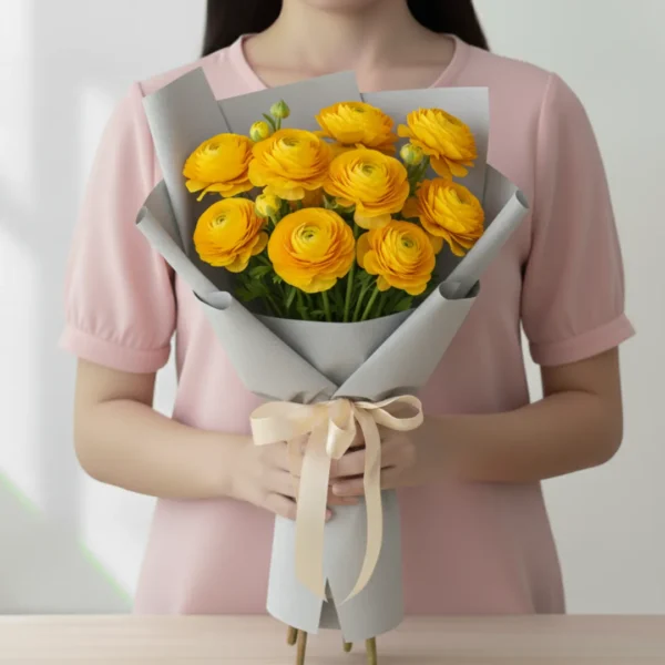 Yellow Ranunculus wrapped and held in hands by a girl