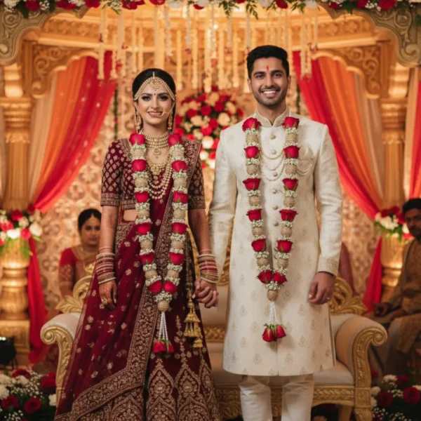 Bride and groom wearing Red rose wedding garland on their wedding