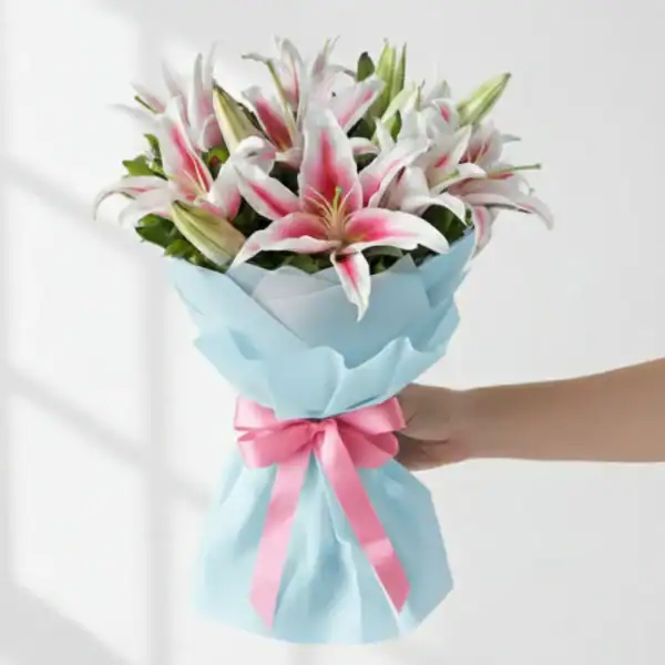 Buy Beautiful Pink Oriental Lily Bouquet online in Hyderabad, Bangalore, Delhi, Mumbai, Pune, Chennai, Ahemdabad, and Kolkata