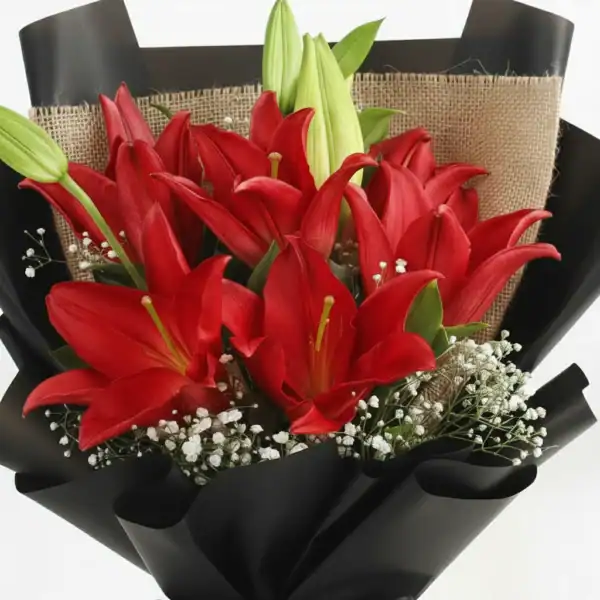 Buy Beautiful Red Lily Bouquet online in Hyderabad, Bangalore, Delhi, Mumbai, Pune, Chennai, Ahemdabad, and Kolkata