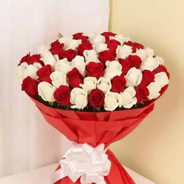 100 red & white roses bouquets at best prices.