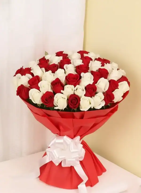100 red & white roses bouquets at best prices.