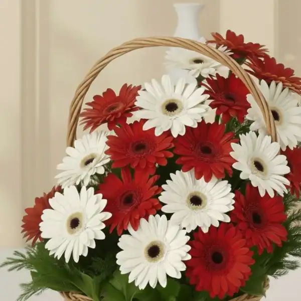 Basket with Red & White Gerbera. Order now at best prices