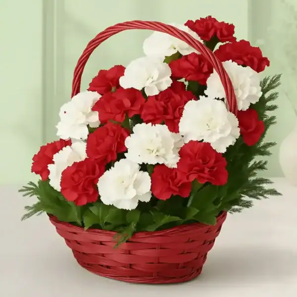 Basket with red & white carnations at best prices in India