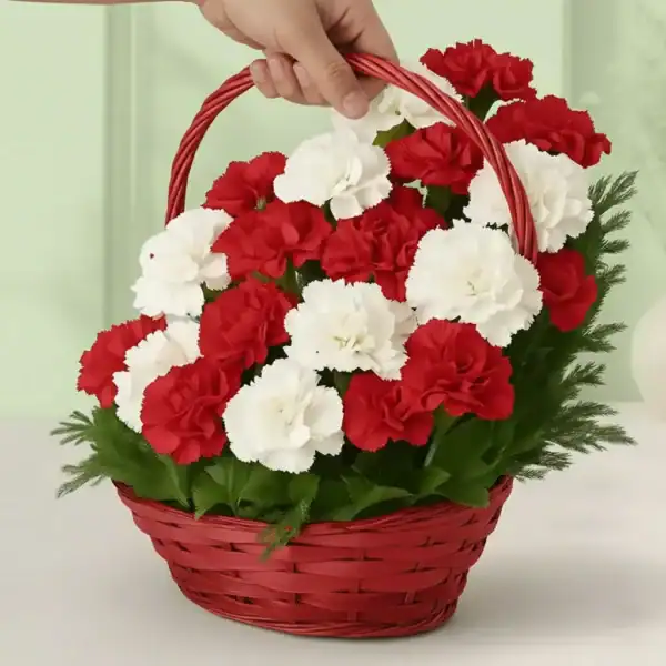 Basket with red & white carnations online