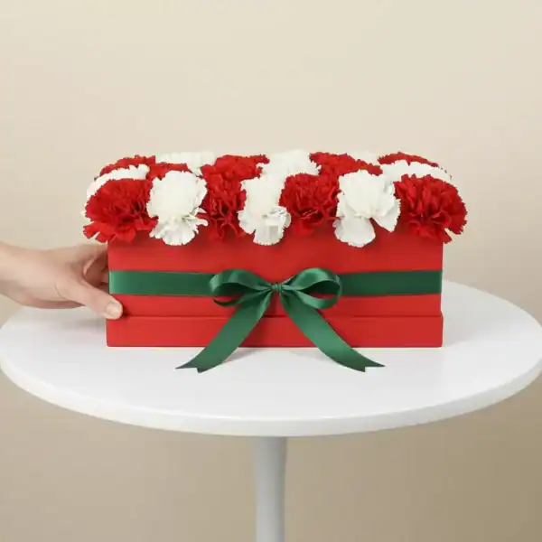 Box with red & white carnations for Christmas
