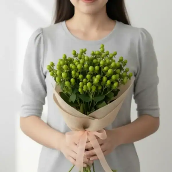 Green Hyperciums Berry wrapped and held in hands by a girl