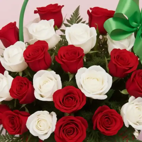 Order Basket with Red & White Roses at best prices