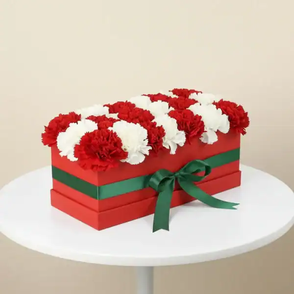 Order Box with red & white carnations at best prices