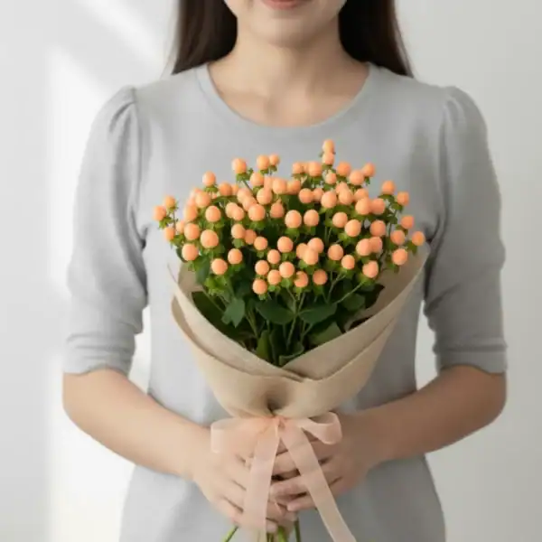 Peach Hyperciums Berry wrapped and held in hands by a girl