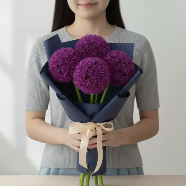 Purple Alliums wrapped and held in hands by a girl