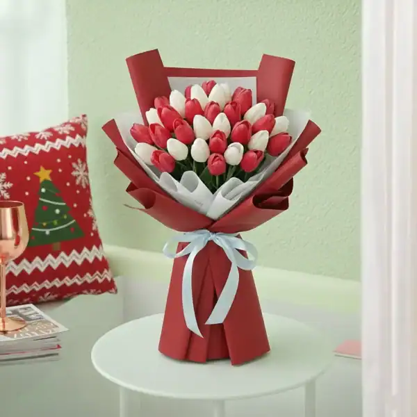 Red & White Tulips Bouquet for you near you