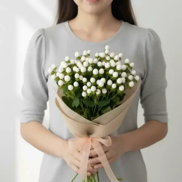 White Hyperciums Berry wrapped and held in hands by a girl