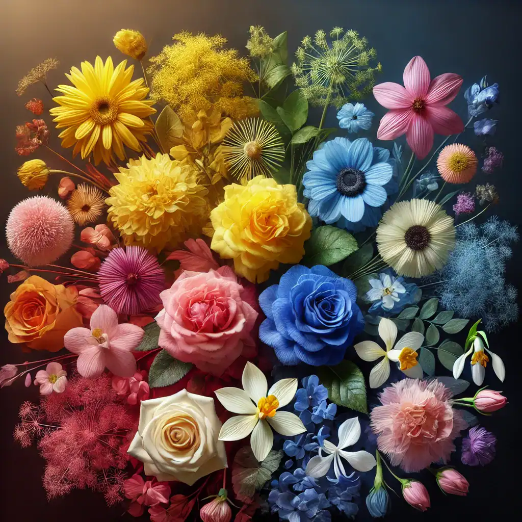 Artistic bouquet of colorful flowers including roses, daisies, hydrangeas, and delicate wildflowers arranged in a rainbow palette against a dark background.