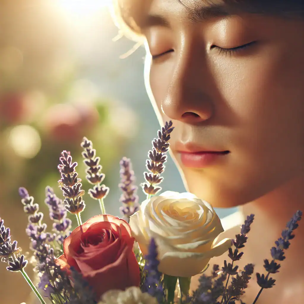 Serene woman with closed eyes smelling a romantic bouquet of red and white roses with lavender sprigs in warm sunlight.