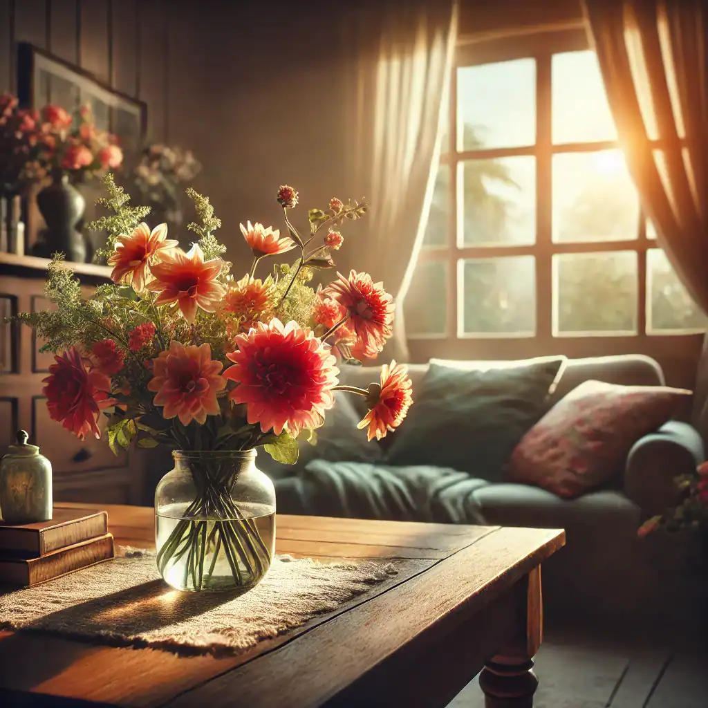 Beautiful orange and peach flowers arranged in a clear glass vase on a cozy living room table with warm sunlight streaming through a window.