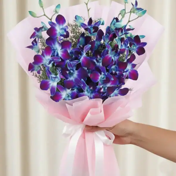 Medium Size Blue Orchid Bouquet held in hand