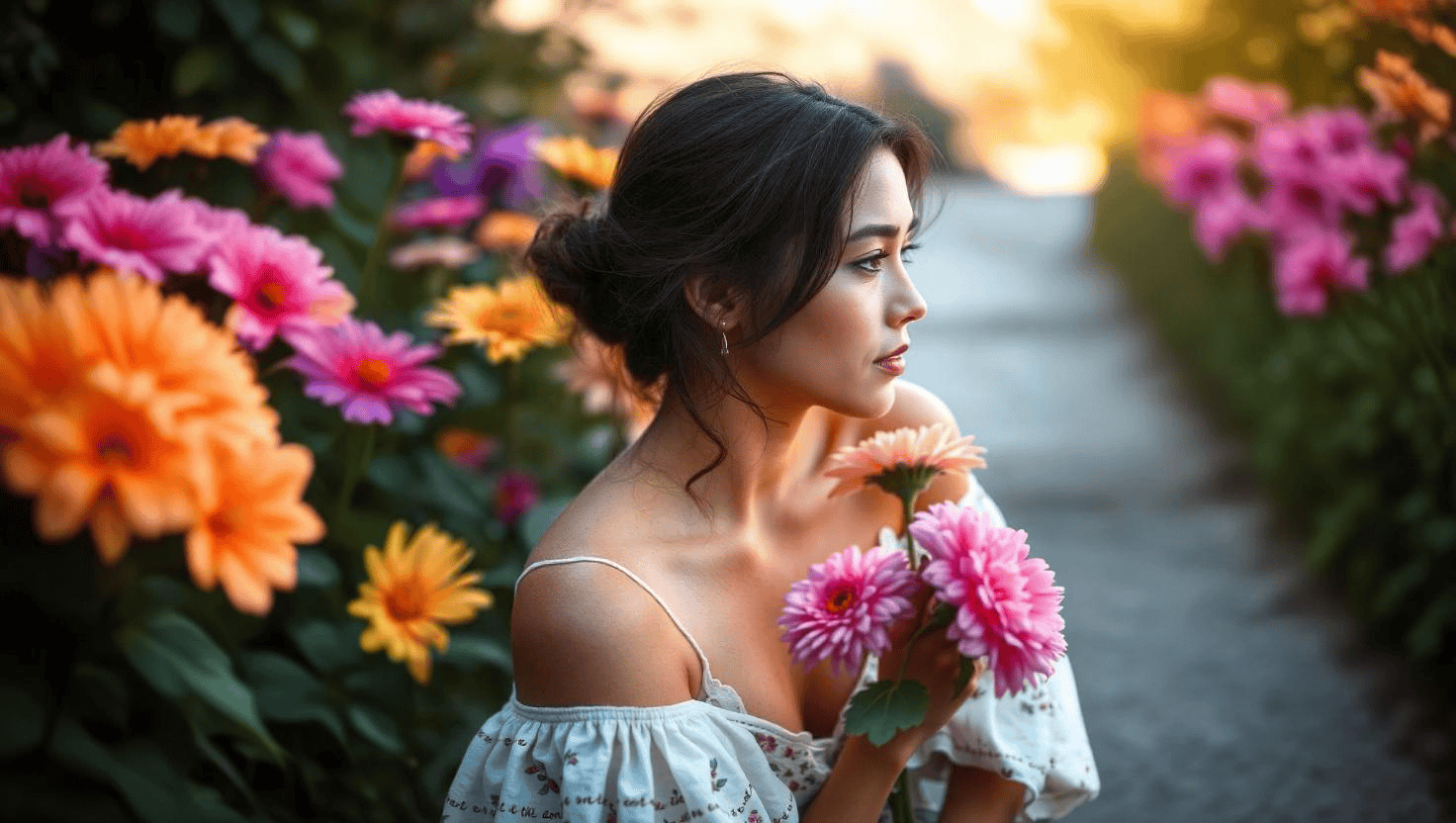 A woman in a white off-shoulder dress holding pink flowers, surrounded by colorful garden blooms during golden hour