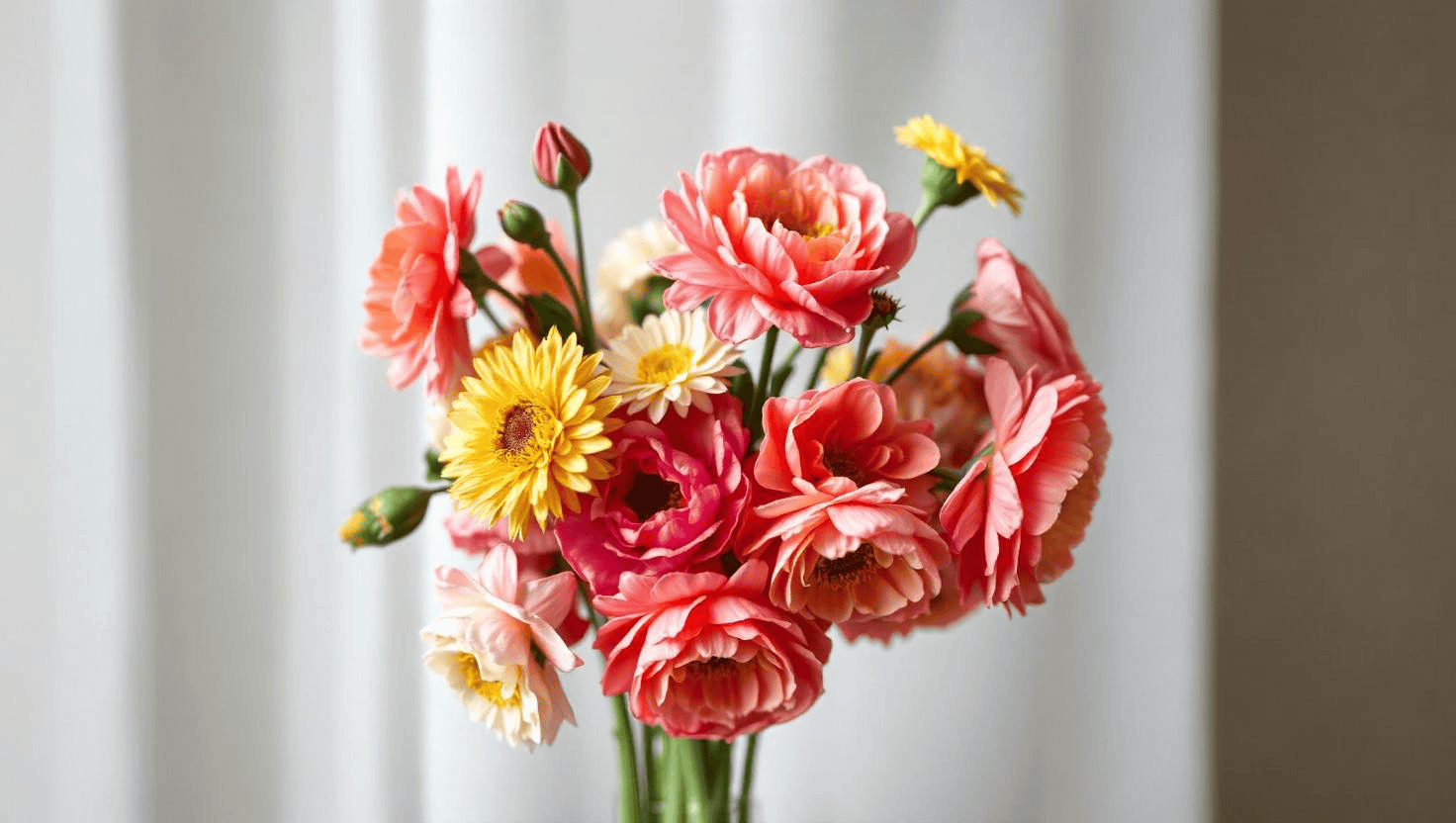 A fresh bouquet of pink ranunculus and yellow daisy flowers arranged in a vase against a neutral indoor background