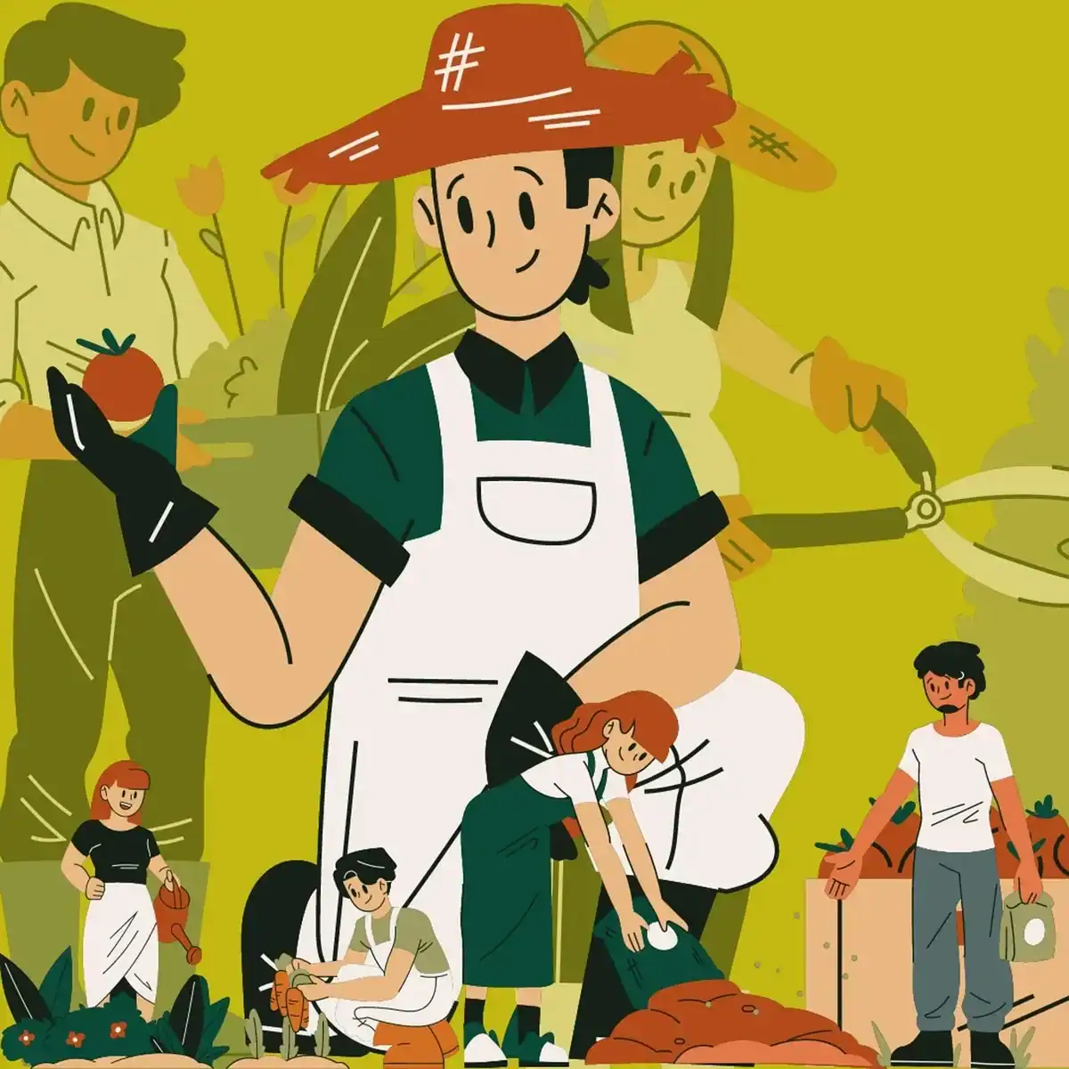 Illustration of farmers harvesting using sustainable farming practices