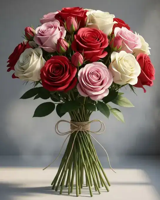 Beautiful bouquet of red, pink, and white roses arranged with green leaves, perfect for romantic gifts, weddings, and elegant floral arrangements.