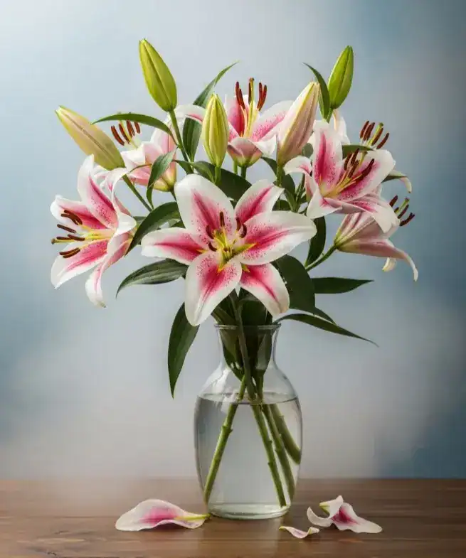 Elegant pink and white lily flower arrangement in a glass vase with green foliage, perfect for home decor, gifting, and fresh floral displays.