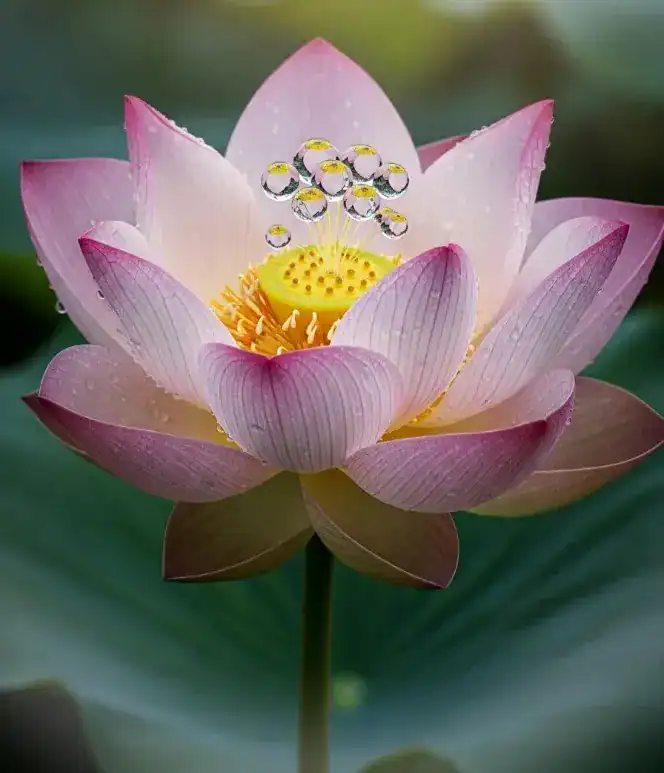 Elegant pink Sacred Lotus flower in full bloom with dew drops on petals and a bright yellow seed pod center.