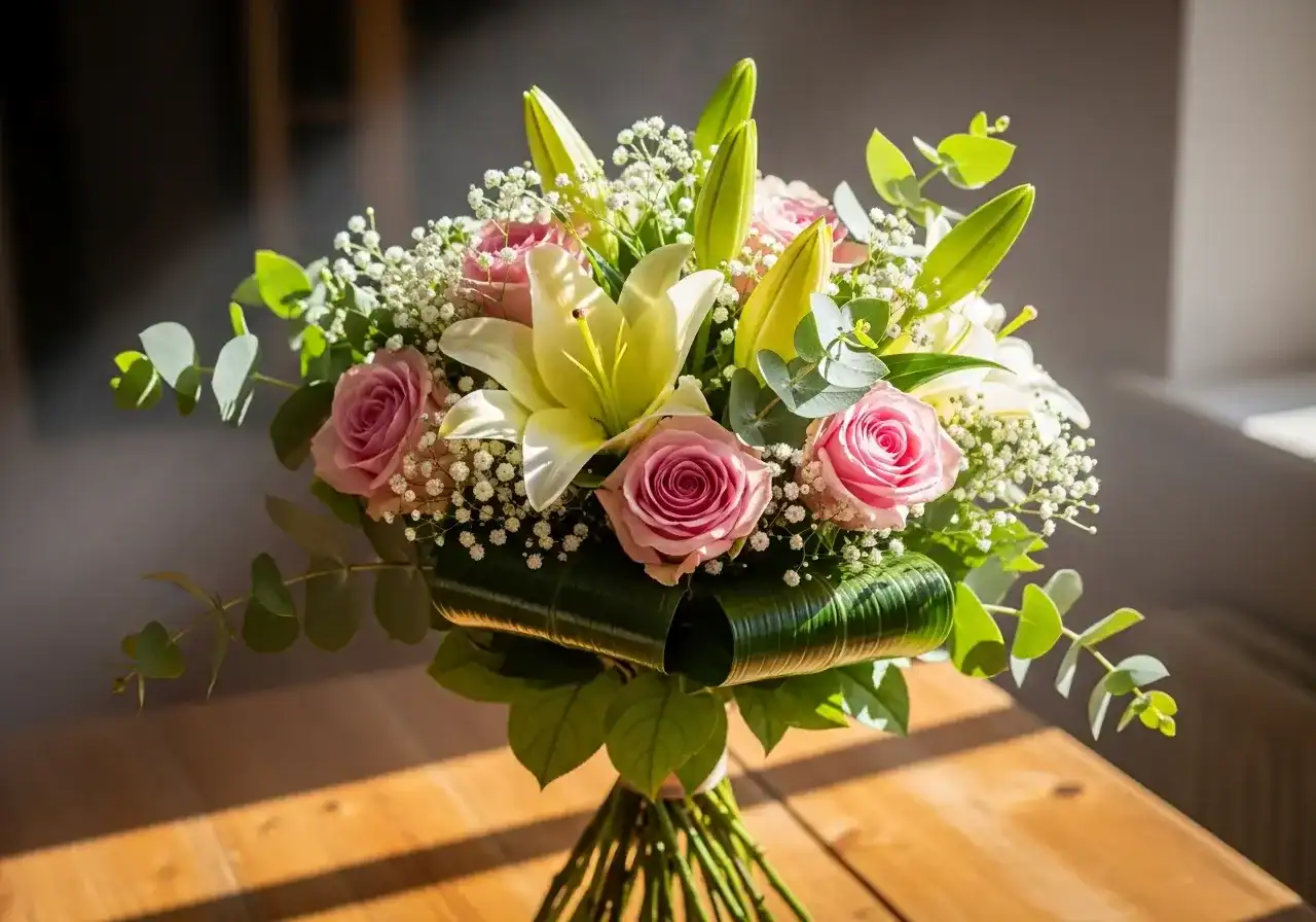 Elegant fresh flower bouquet with pink roses, white lilies, and baby’s breath arranged with green foliage on a wooden table in natural sunlight.