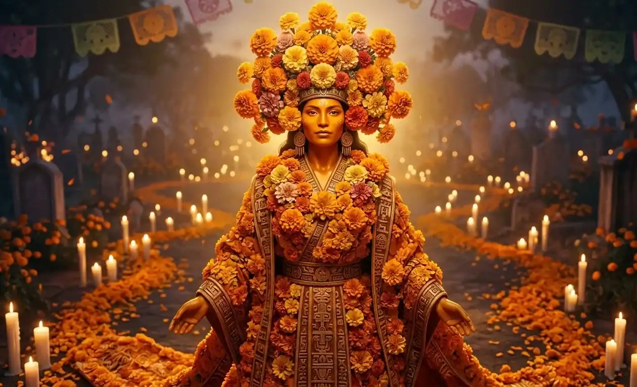 Cinematic image of a woman dressed as a mythical figure in a marigold-covered gown and headpiece, standing in a candlelit graveyard with orange petals and papel picado banners for Day of the Dead (Día de los Muertos).