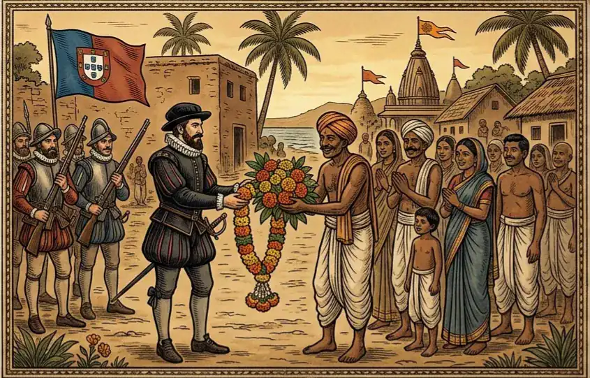 Illustration depicting a historical encounter where an Indian local presents a traditional marigold garland to a Portuguese explorer and his soldiers, set against a backdrop of coastal palm trees, a temple, and village houses.