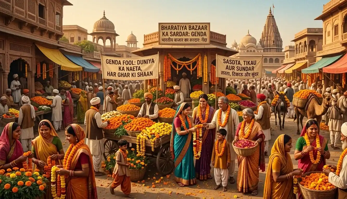 Traditional Indian flower market with vendors selling vibrant orange and yellow marigold garlands and baskets of petals in a historic sandstone bazaar.