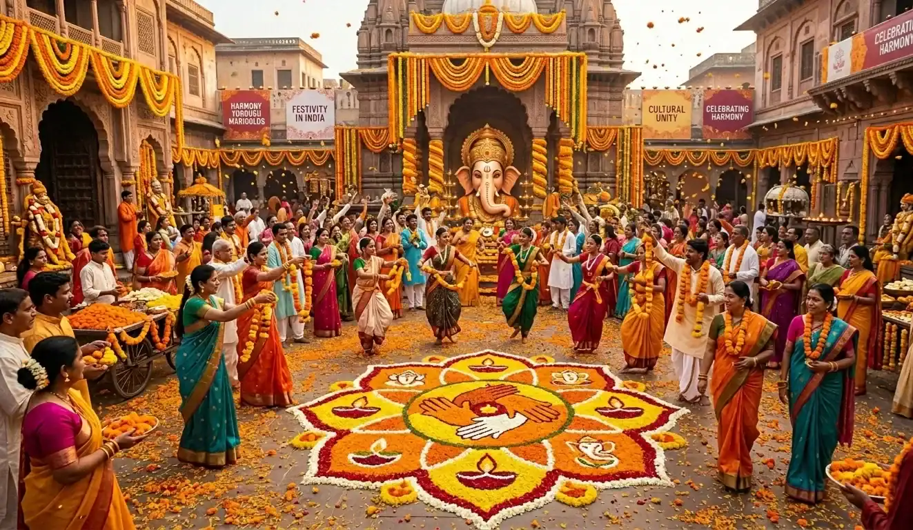 Vibrant Ganesh Chaturthi festival celebration in a temple courtyard featuring a large floral rangoli, orange marigold decorations, and people in traditional Indian attire dancing under a shower of flower petals.
