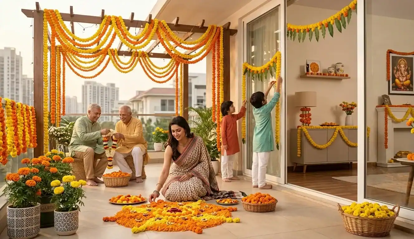 An multi-generational Indian family happily prepares their high-rise balcony for a festive celebration, decorating with elaborate marigold garlands and creating a large orange and yellow rangoli pattern on the floor while potted marigolds bloom around them.