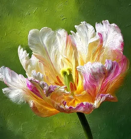 An oil-painting style digital illustration of a single parrot tulip in full bloom, featuring ruffled petals with a blend of white, pink, and orange-yellow hues against a textured olive green background.